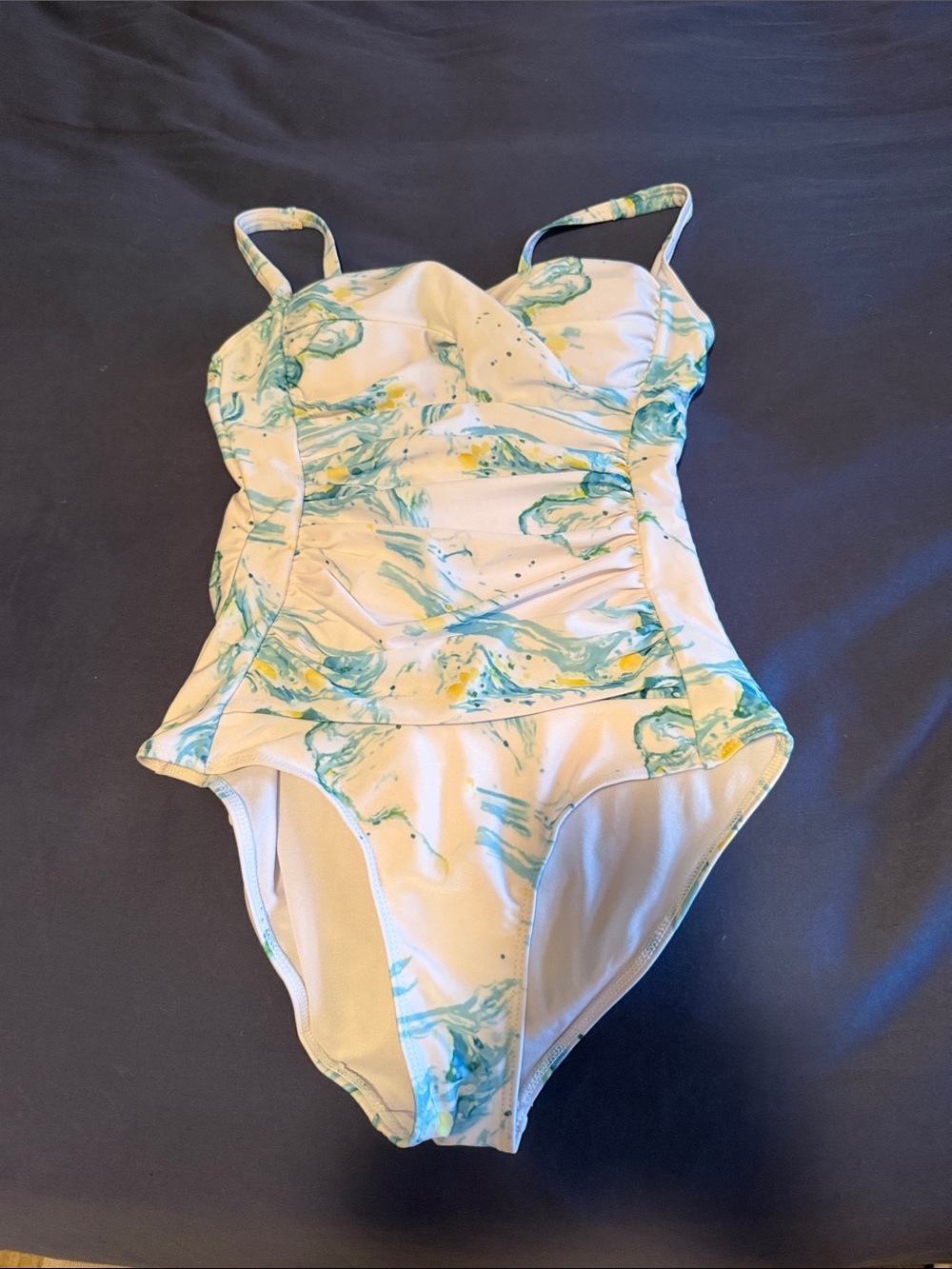Woman’s White Swimsuit with Teal & Yellow Marble Print